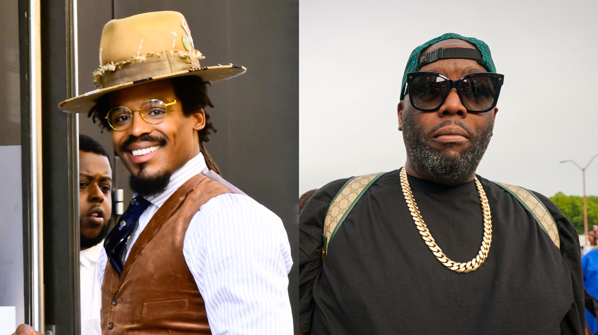 Cam Newton in a hat and vest smiles, while Killer Mike, in sunglasses and a gold chain, stands confidently.