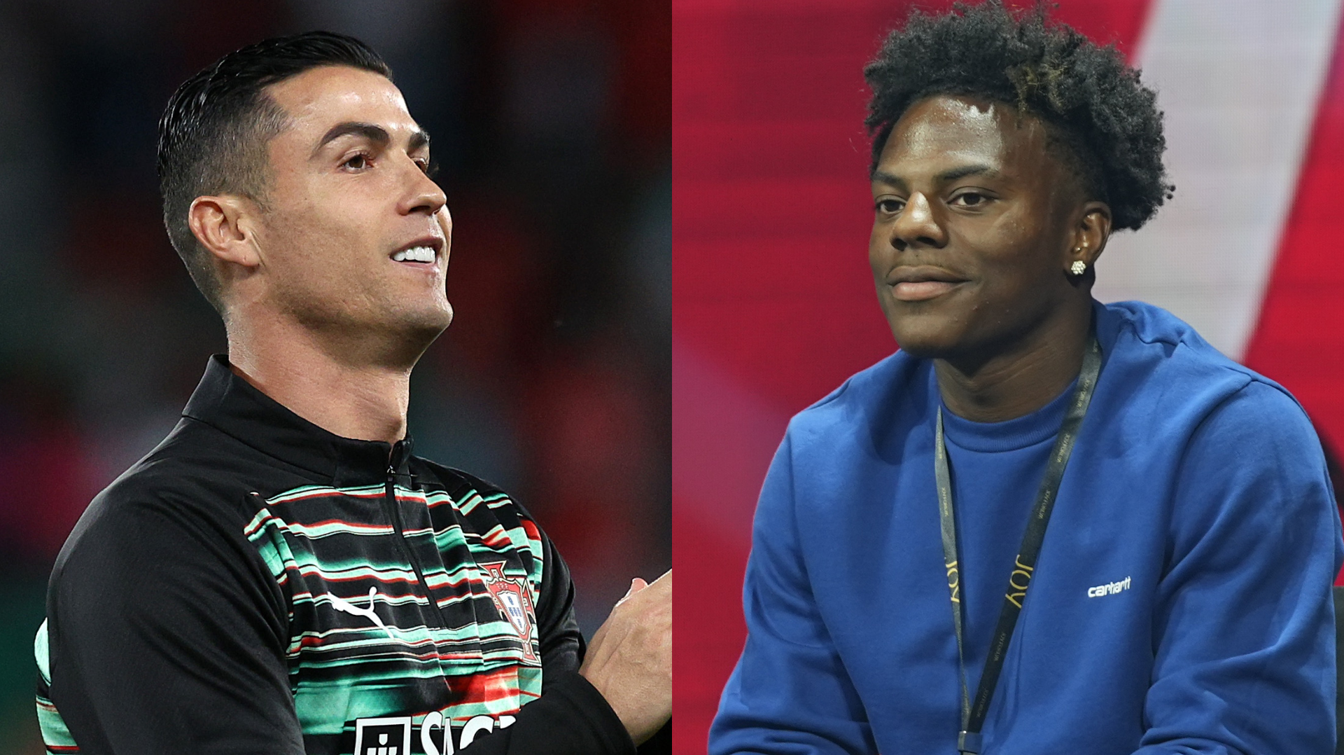 Cristiano Ronaldo in a sports jersey and IShowSpeed in a blue hoodie, both looking content.