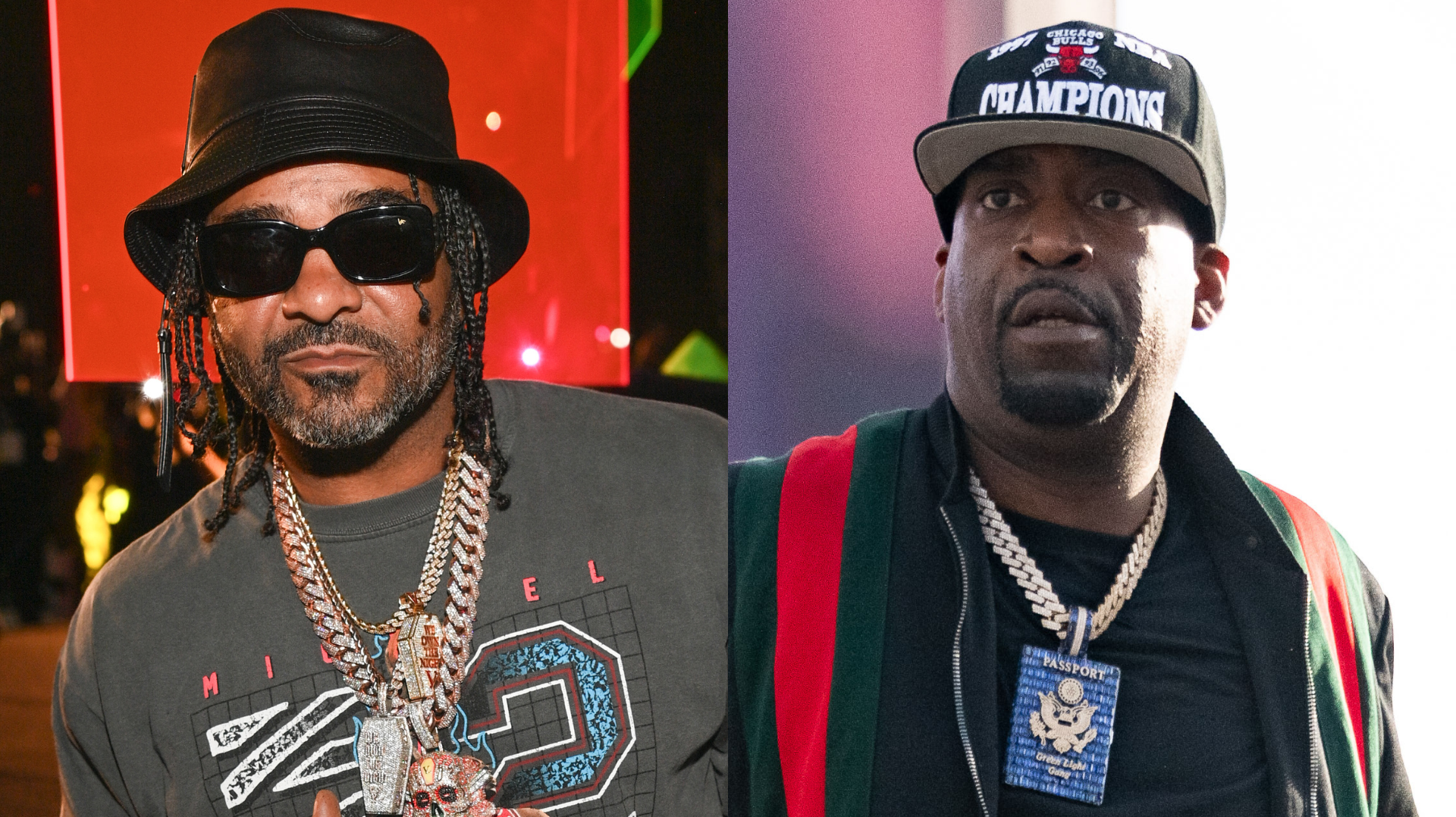 Two men in urban attire, both wearing hats and chains. They appear to be at an event or concert.
