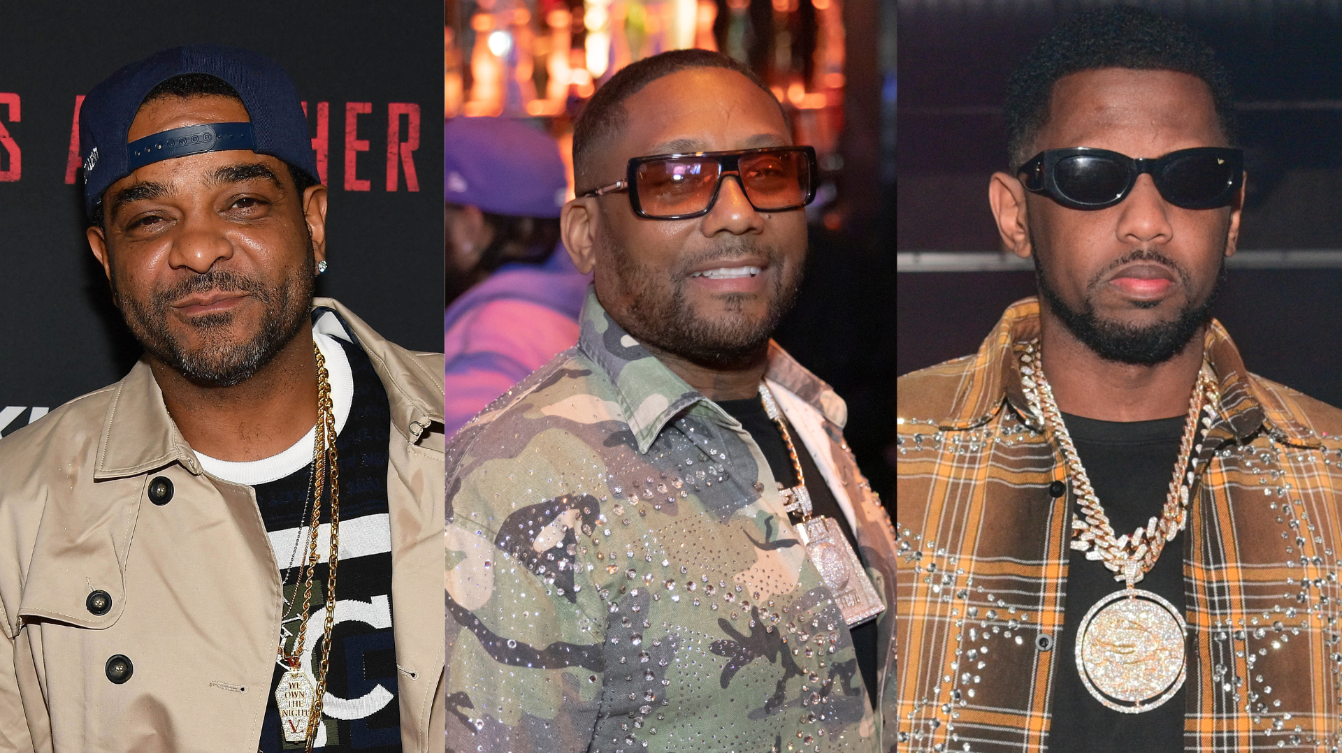 Jim Jones, Maino, and Fabolous are in the image. Jim Jones wears a cap, Maino has a camo jacket, and Fabolous sports sunglasses.