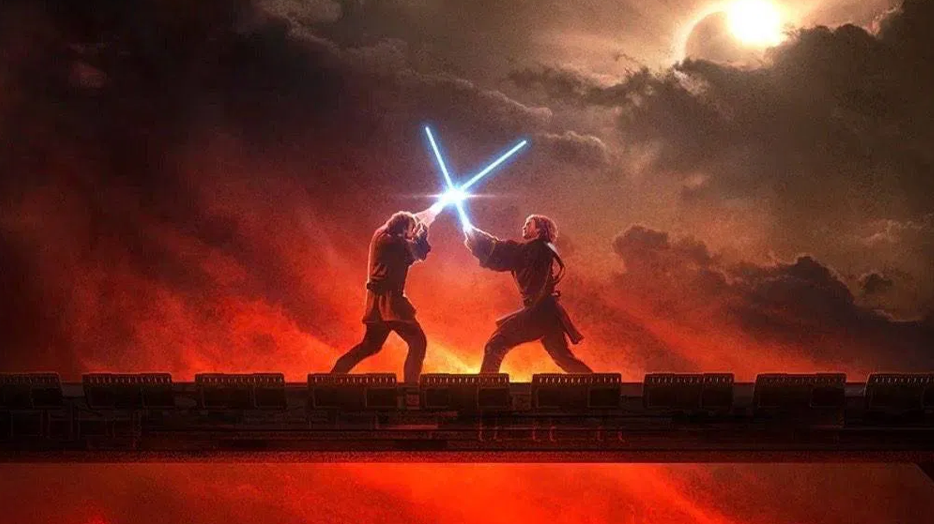 Two characters in a dramatic lightsaber duel on a fiery, volcanic landscape with a dark, cloudy sky.