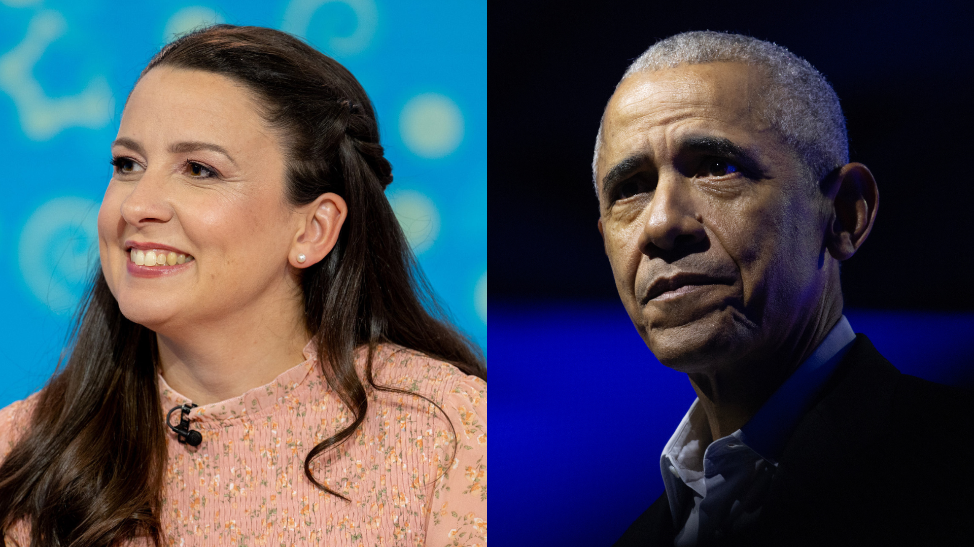 Two people side by side: A woman smiling in a pink top, and Barack Obama with a serious expression in a dark suit.