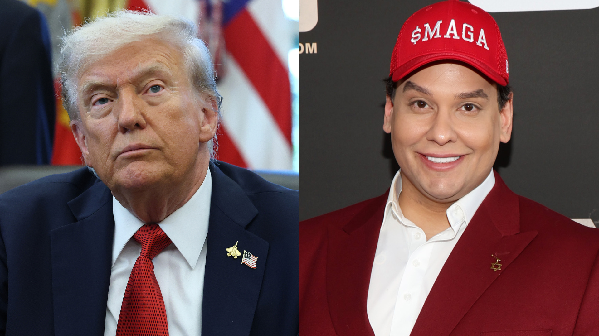 Donald Trump in a suit with a flag pin, and a person wearing a red "$MAGA" cap and suit, smiling.