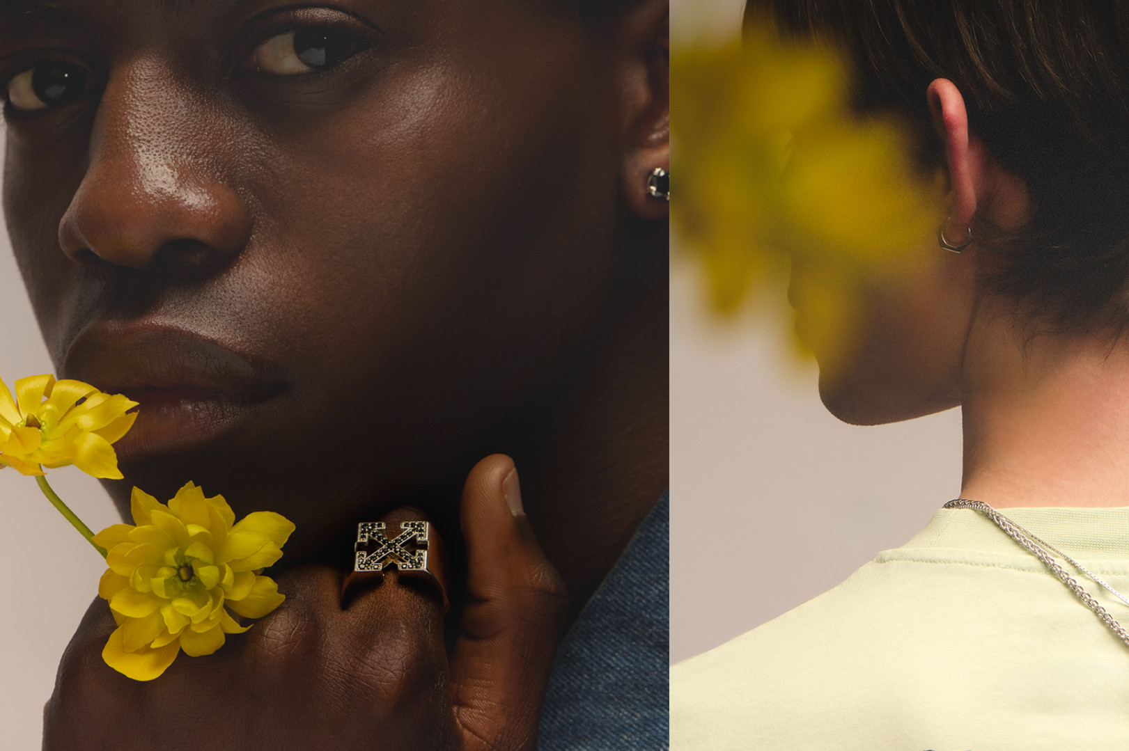 Two images: Left shows a person holding yellow flowers with a patterned ring. Right shows another person with a chain necklace featuring similar patterns.