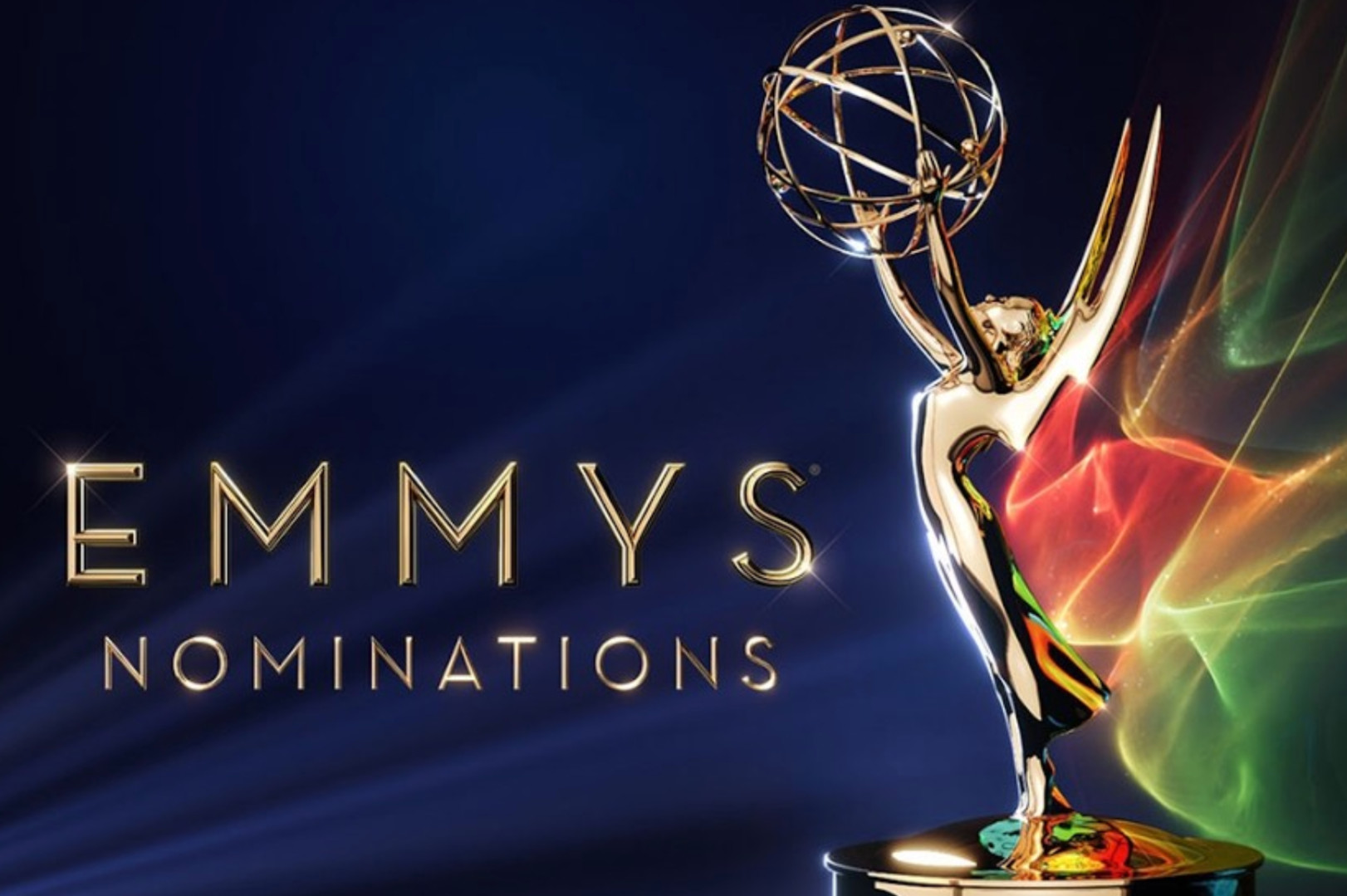 Emmys nominations image featuring a golden Emmy statuette with colorful light trails on a dark background.