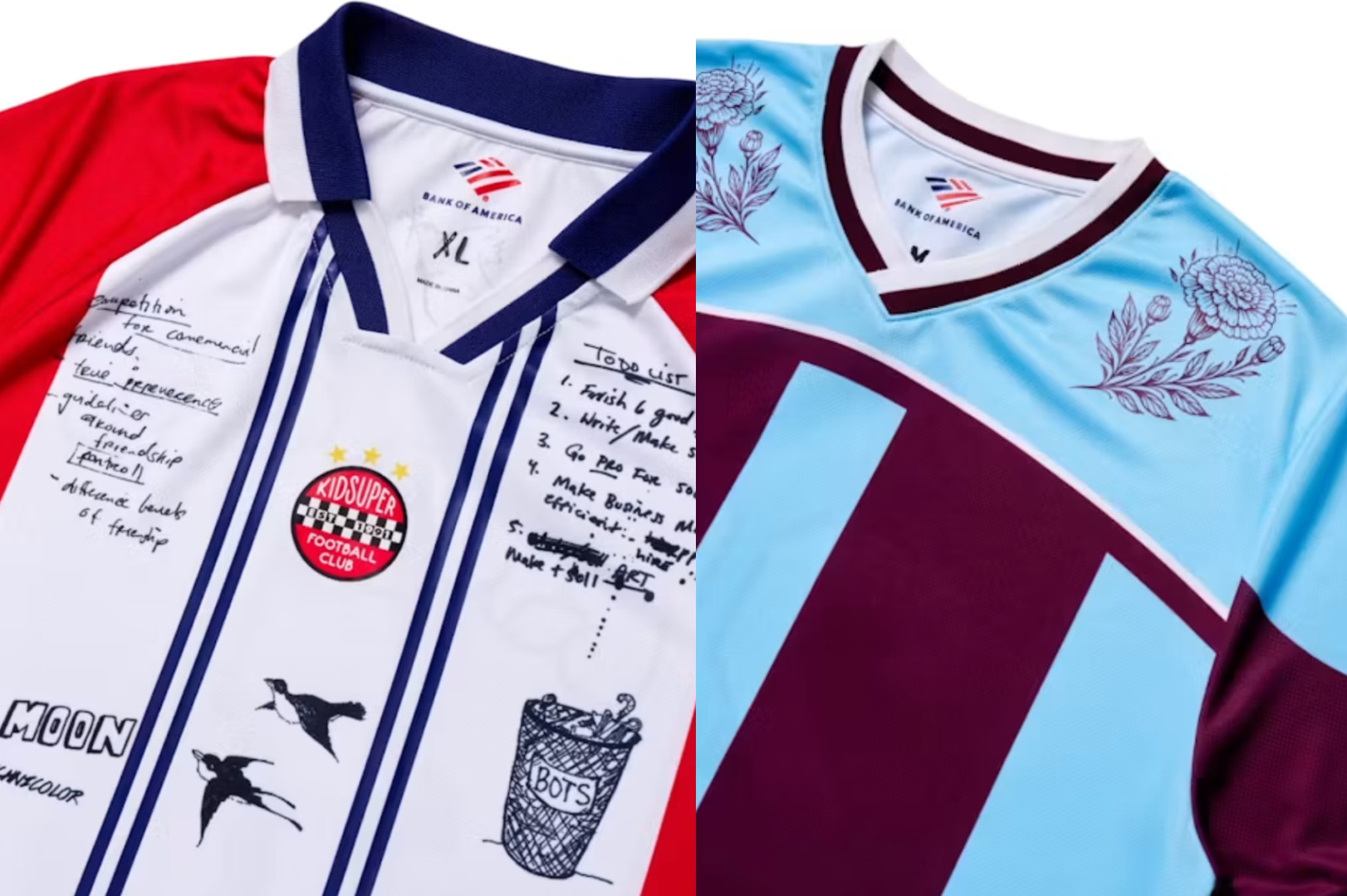 Two soccer jerseys: one with red and white panels featuring handwritten notes and a "KidSuper Football Club" badge; the other is light blue with maroon stripes and floral designs.