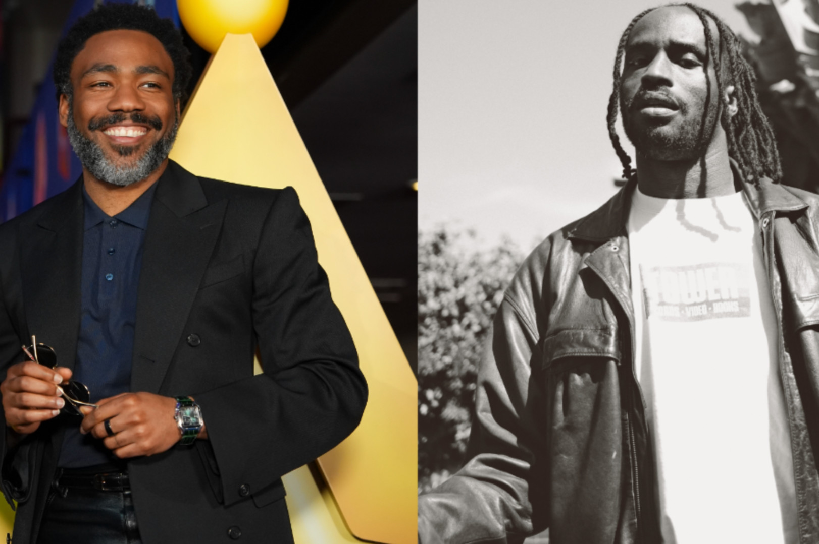 Donald Glover smiling in a suit on the left; Dahi with dreadlocks in a leather jacket on the right.