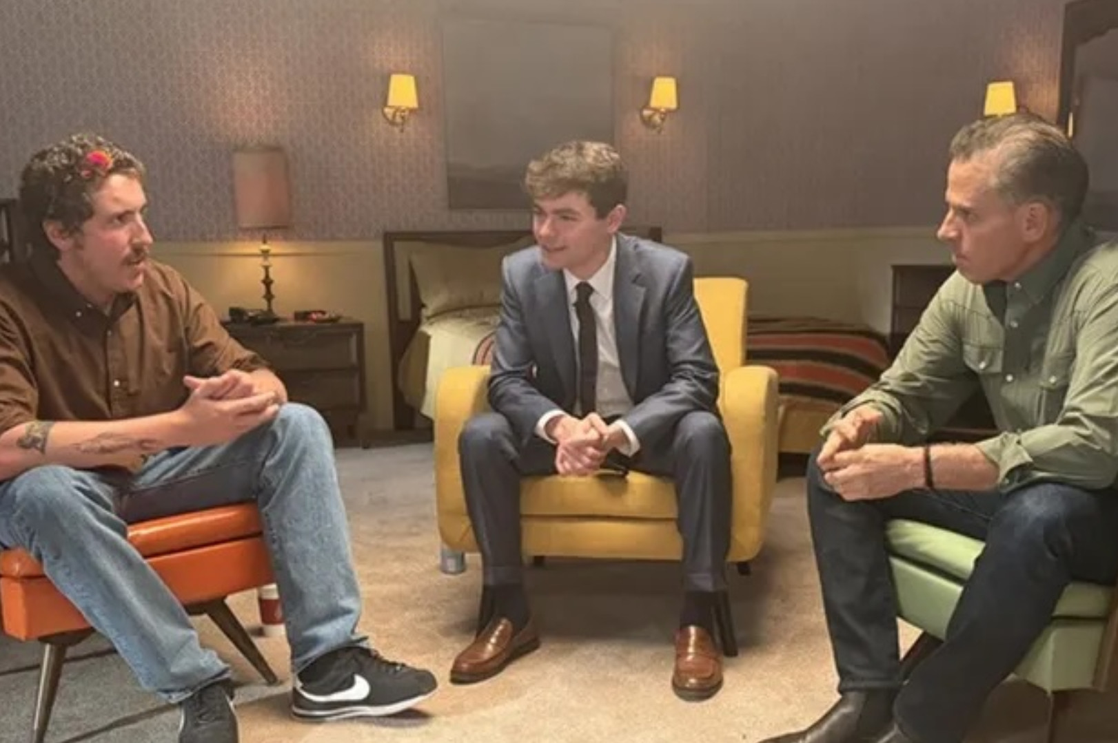 Andrew Callaghan, Nick Fuentes, and Hunter Biden speak together during an interview