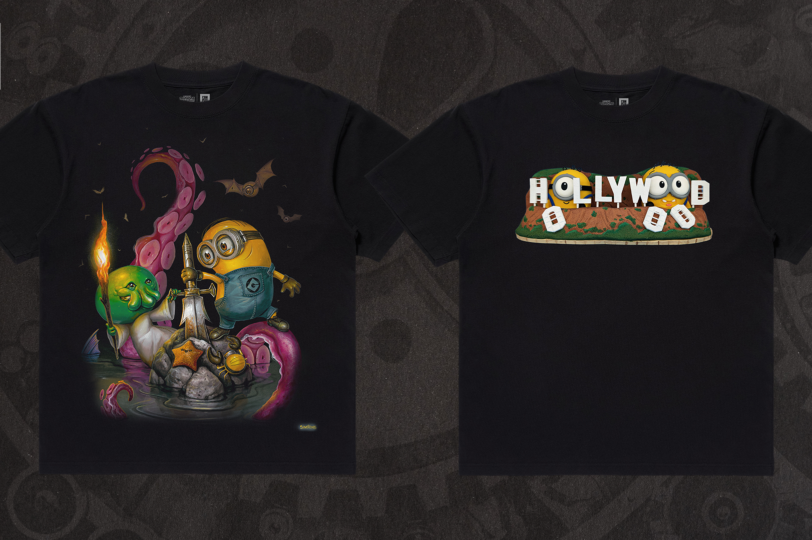 T-shirts featuring Minions in a Halloween theme on the left, and a "Hollywood" sign with dice on the right.