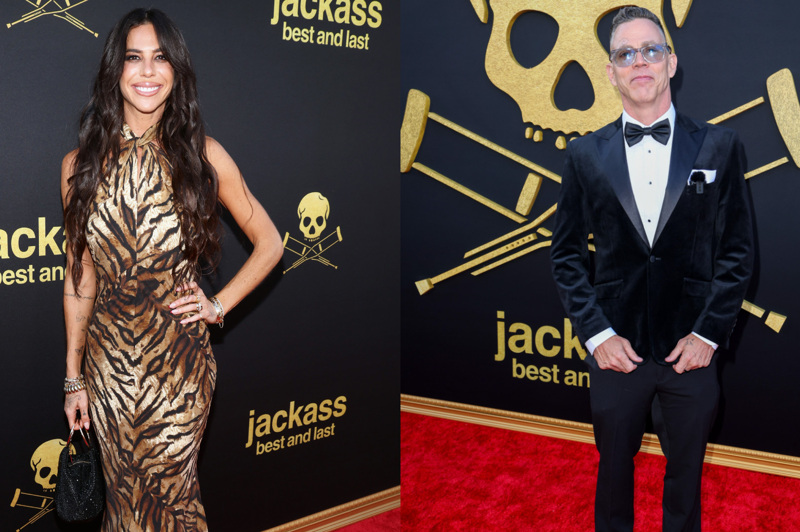 Two stars at a "Jackass" event. Rachel Wolfson wears a tiger-print dress, Steve-O a black tuxedo.