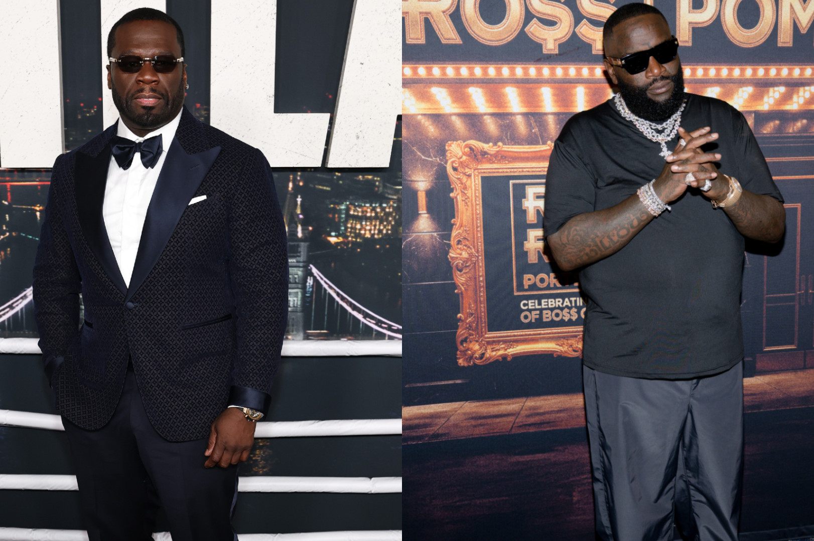50 Cent in a suit and bow tie on the left; Rick Ross in a black outfit with jewelry on the right.