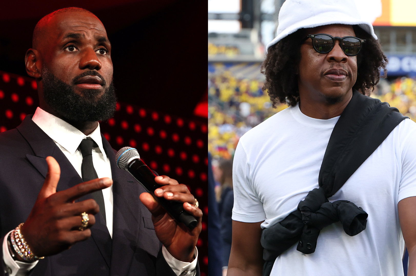 LeBron James speaking in a suit; Jay-Z in a white shirt and hat at an outdoor event.