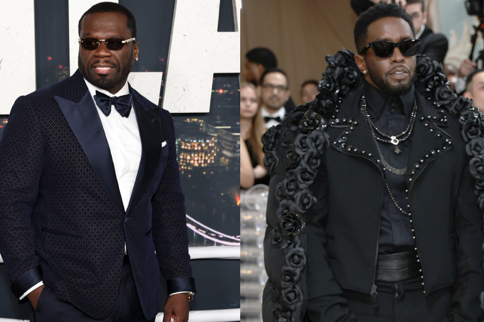 50 Cent in a suit and sunglasses on the left; Diddy in a black outfit with floral details and sunglasses on the right.