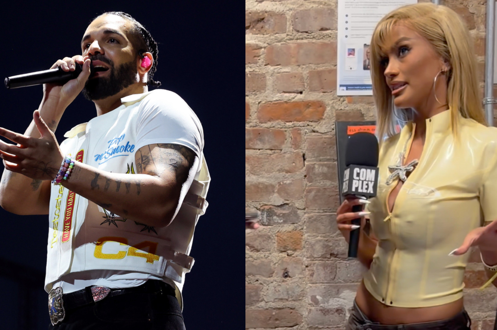 Drake performing on stage, wearing a white vest and holding a microphone. YUME in a yellow top is holding a "Complex News" microphone.