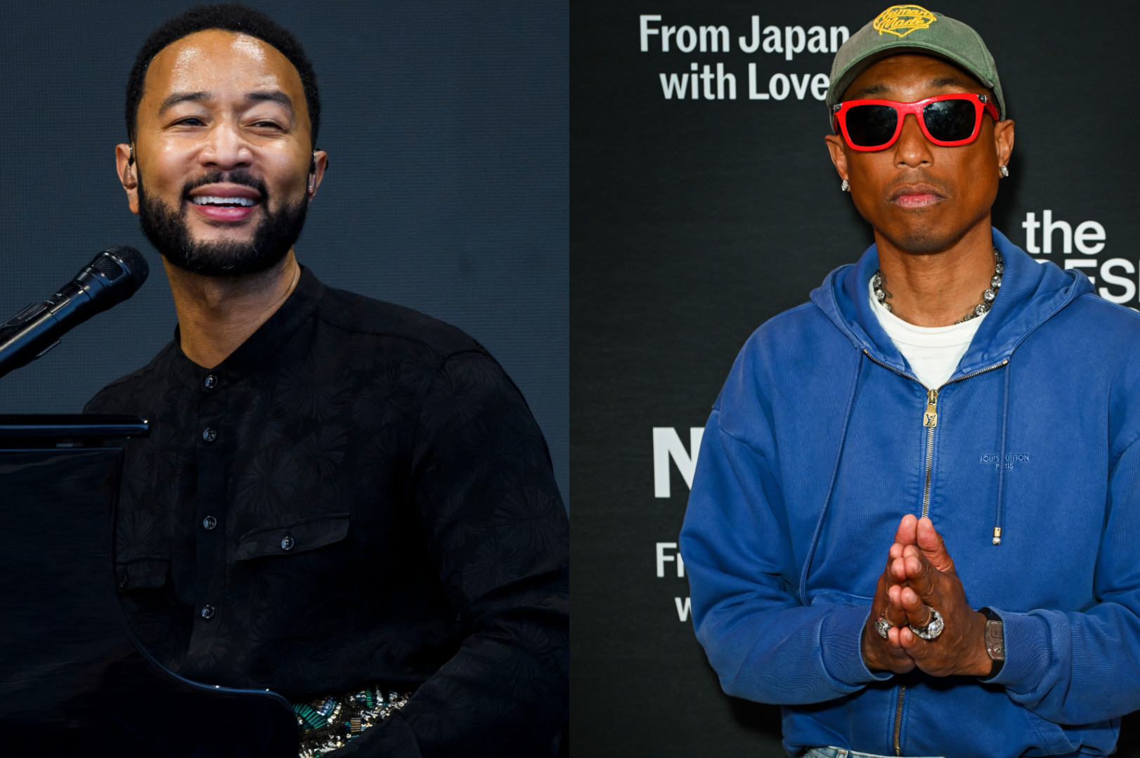 John Legend playing piano, smiling, wearing black; Pharrell Williams in red sunglasses, blue hoodie, and cap, hands clasped.