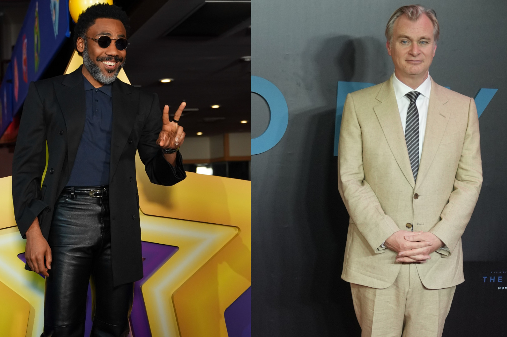 Donald Glover in sunglasses and leather pants, Christopher Nolan in a beige suit at a formal event.