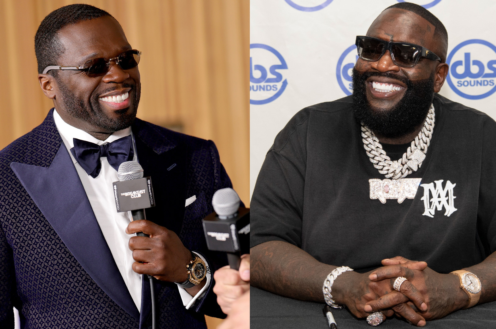 50 Cent is in a suit holding a microphone, and Rick Ross on the right is wearing a black shirt with jewelry.