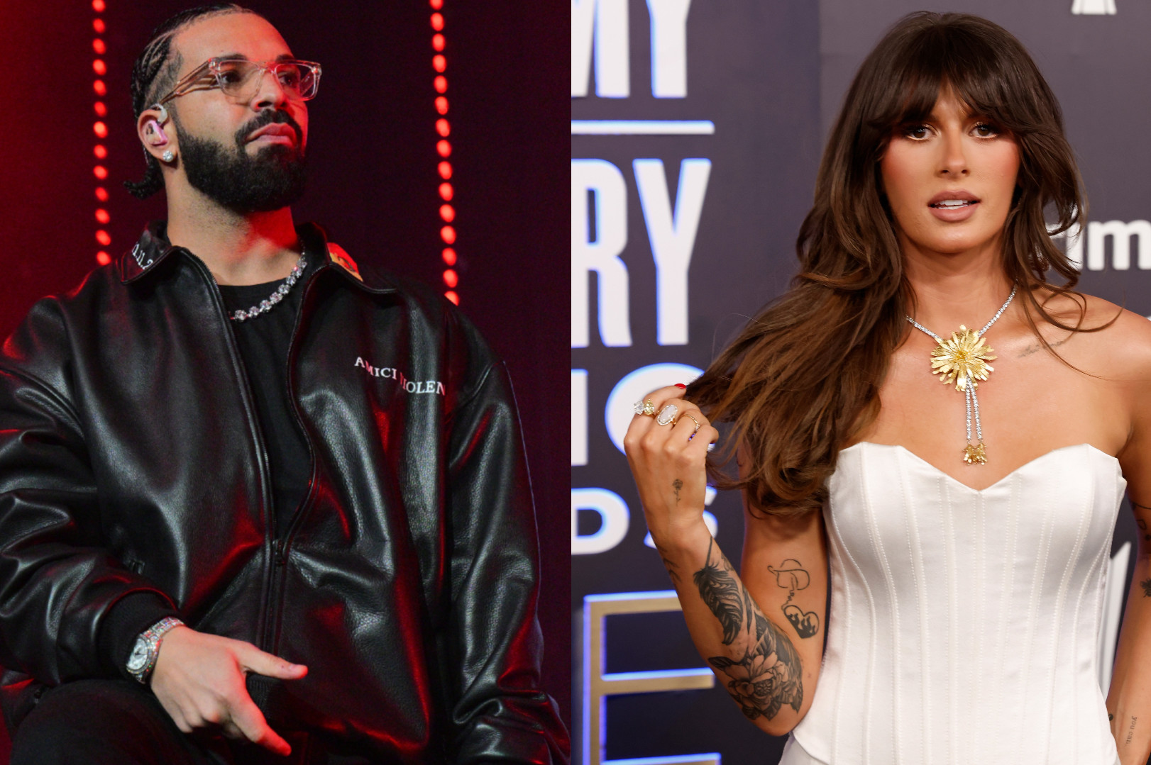Drake in a black leather jacket on stage; Ella Langley in a white dress at an event.