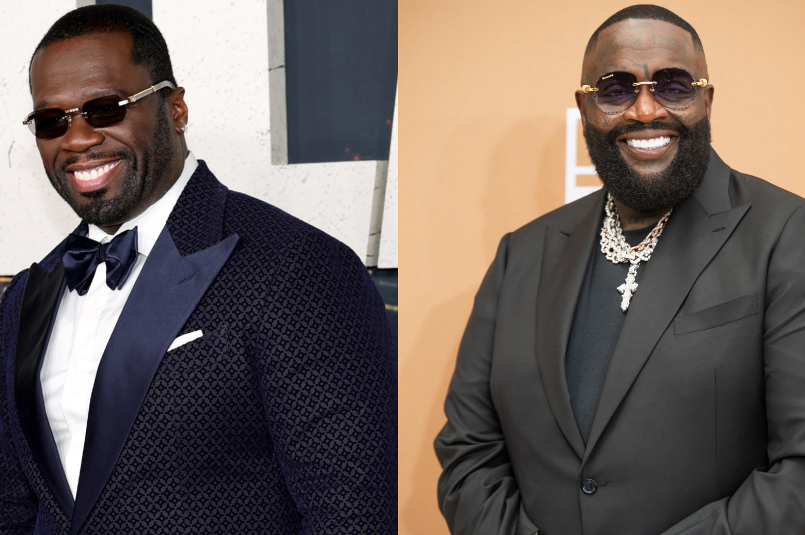50 Cent in a blue tuxedo and bow tie, and Rick Ross in a black suit with sunglasses and jewelry, both smiling.