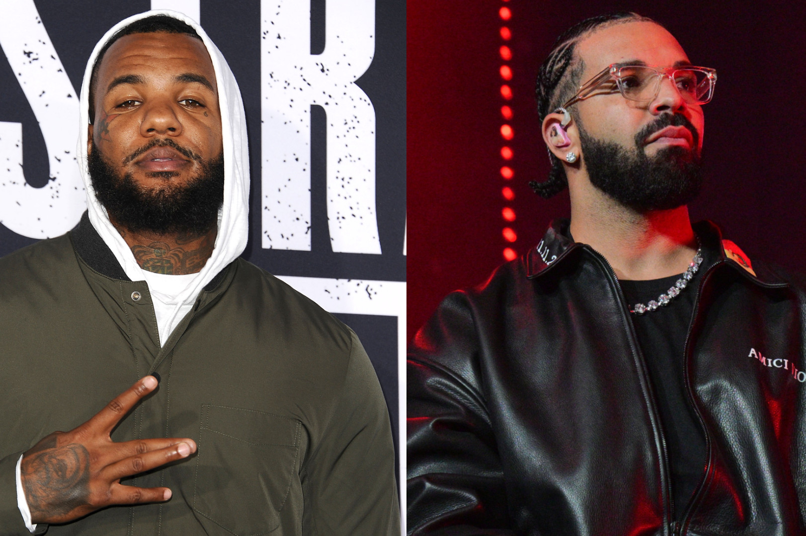 The image shows The Game on the left in a green jacket and Drake on the right in a black leather jacket and glasses.