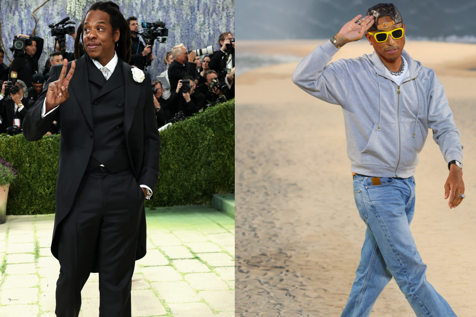 Jay-Z in a tuxedo at an event, making a peace sign. Pharrell Williams in casual wear with yellow sunglasses, waving on a beach.