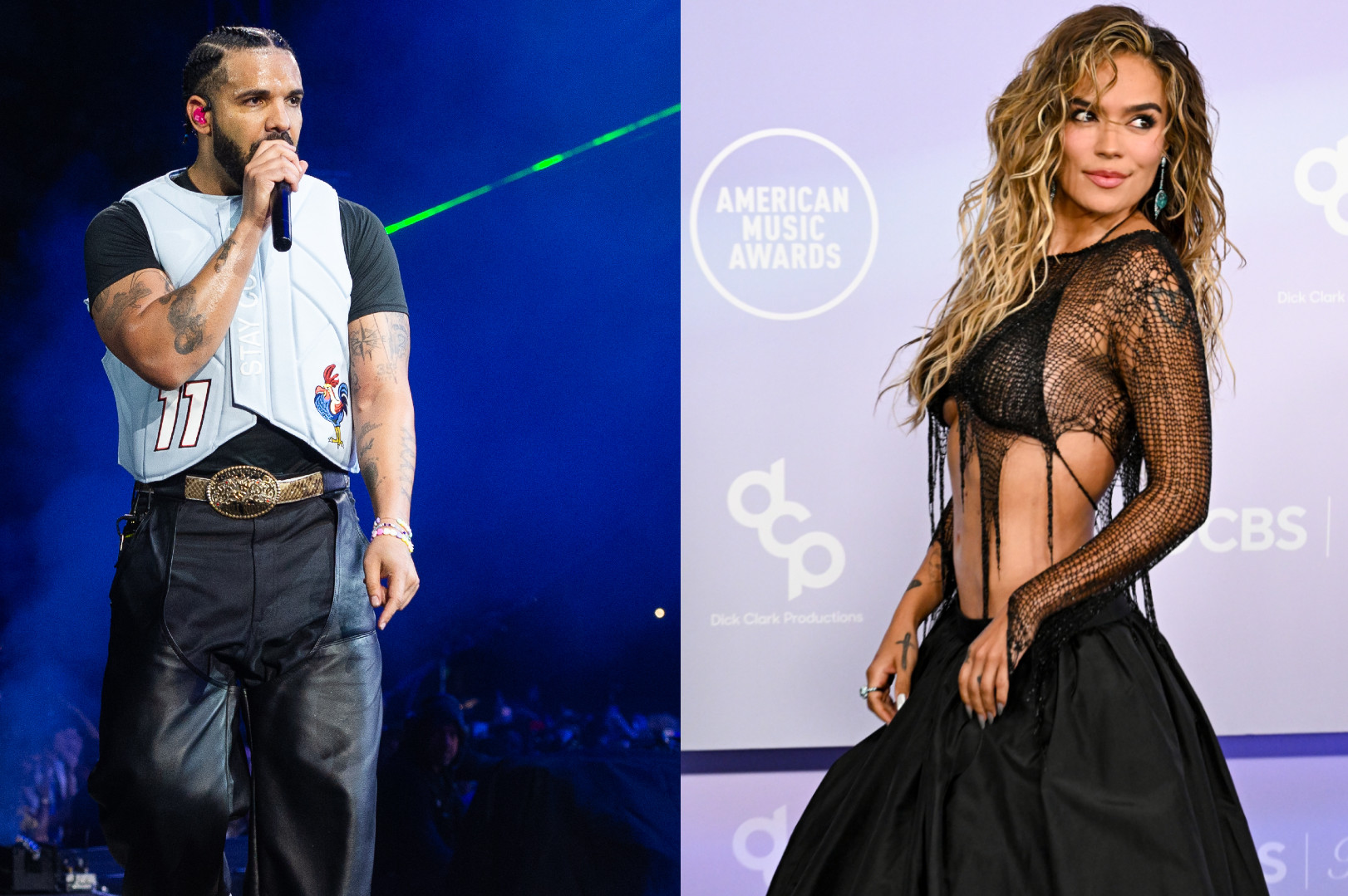 Drake performing on stage with a microphone, wearing a vest and jeans. Karol G posing in a stylish black outfit at an awards event.