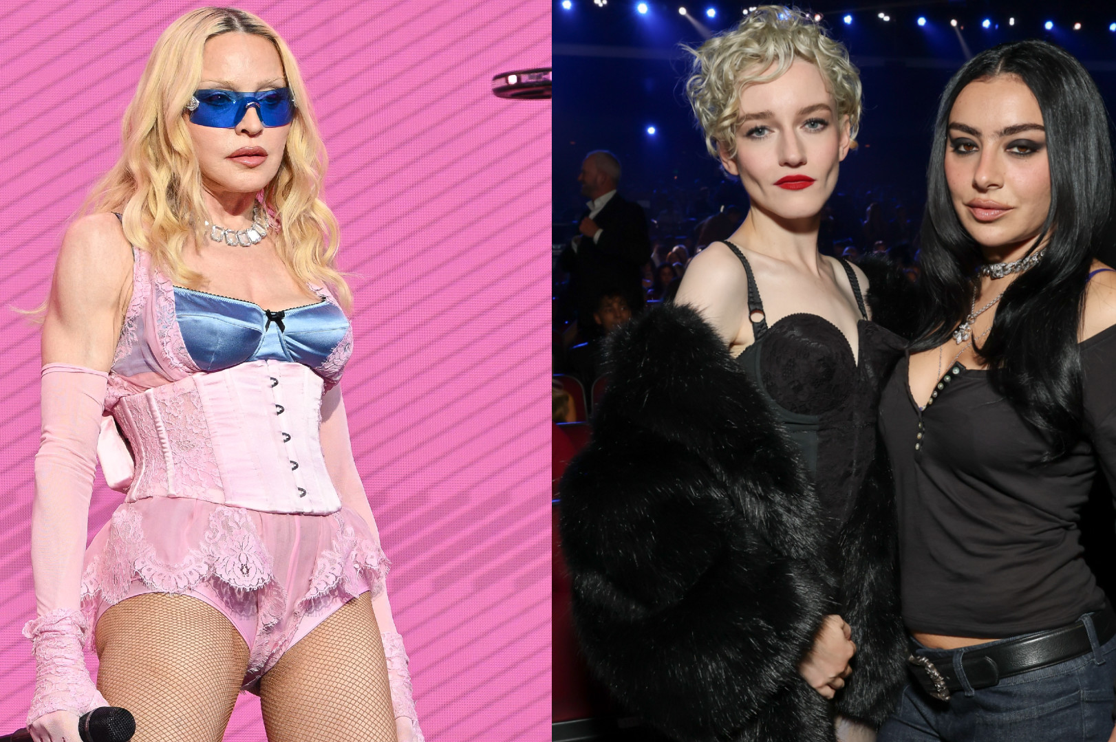 Madonna in a pink outfit with blue sunglasses. Julia Garner and Charli XCX in black attire at an event.