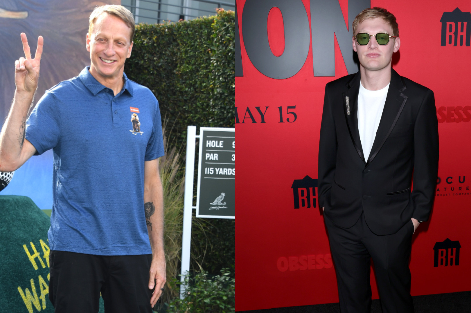 Split image: Left shows Tony Hawk in a blue polo, smiling and making a peace sign. Right shows Curry Barker in a black suit and sunglasses at a red carpet event.