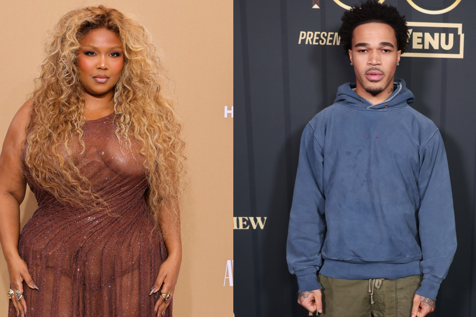 Lizzo in a shimmering dress on the left; PlaqueBoyMax in a blue hoodie on the right, standing against a dark backdrop.