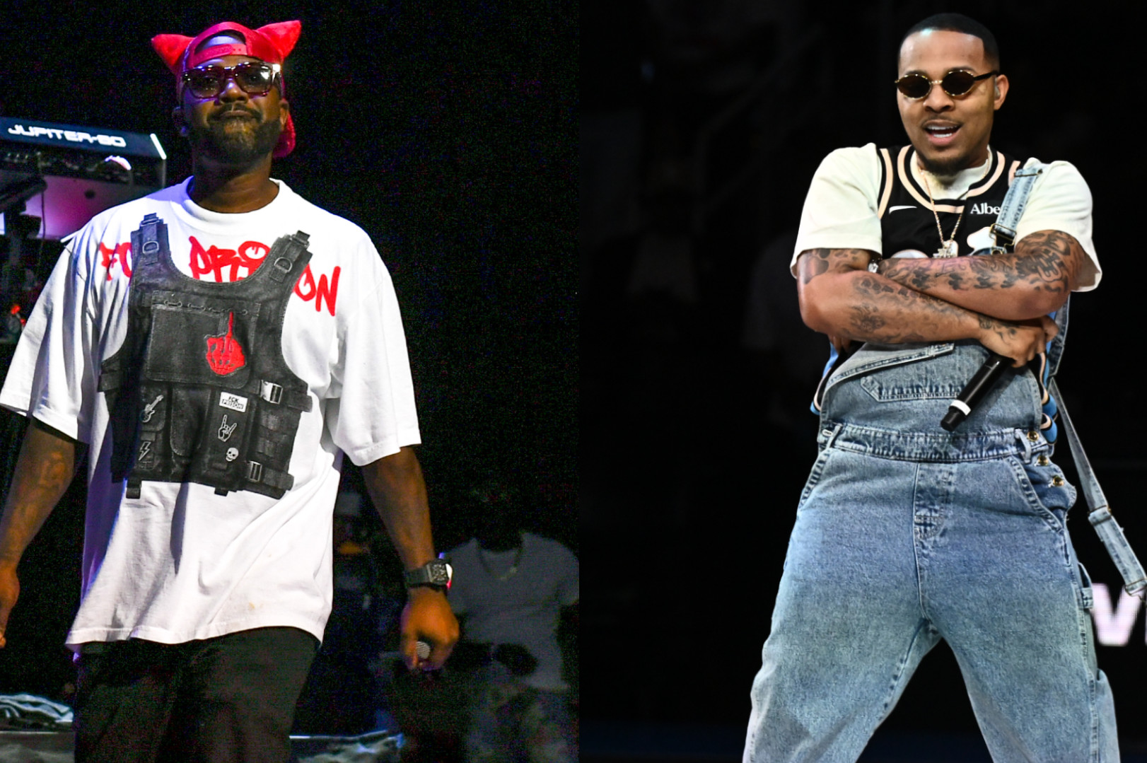 Two men on stage: Ray J with red devil horns, white shirt, and tactical vest; Bow Wow in overalls with a microphone, arms crossed.