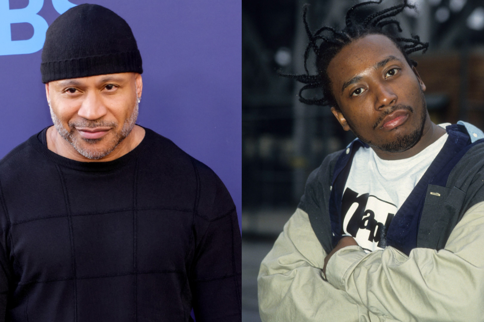 LL Cool J in a black beanie and sweater on the left; Ol' Dirty Bastard with braided hair and a jacket on the right.
