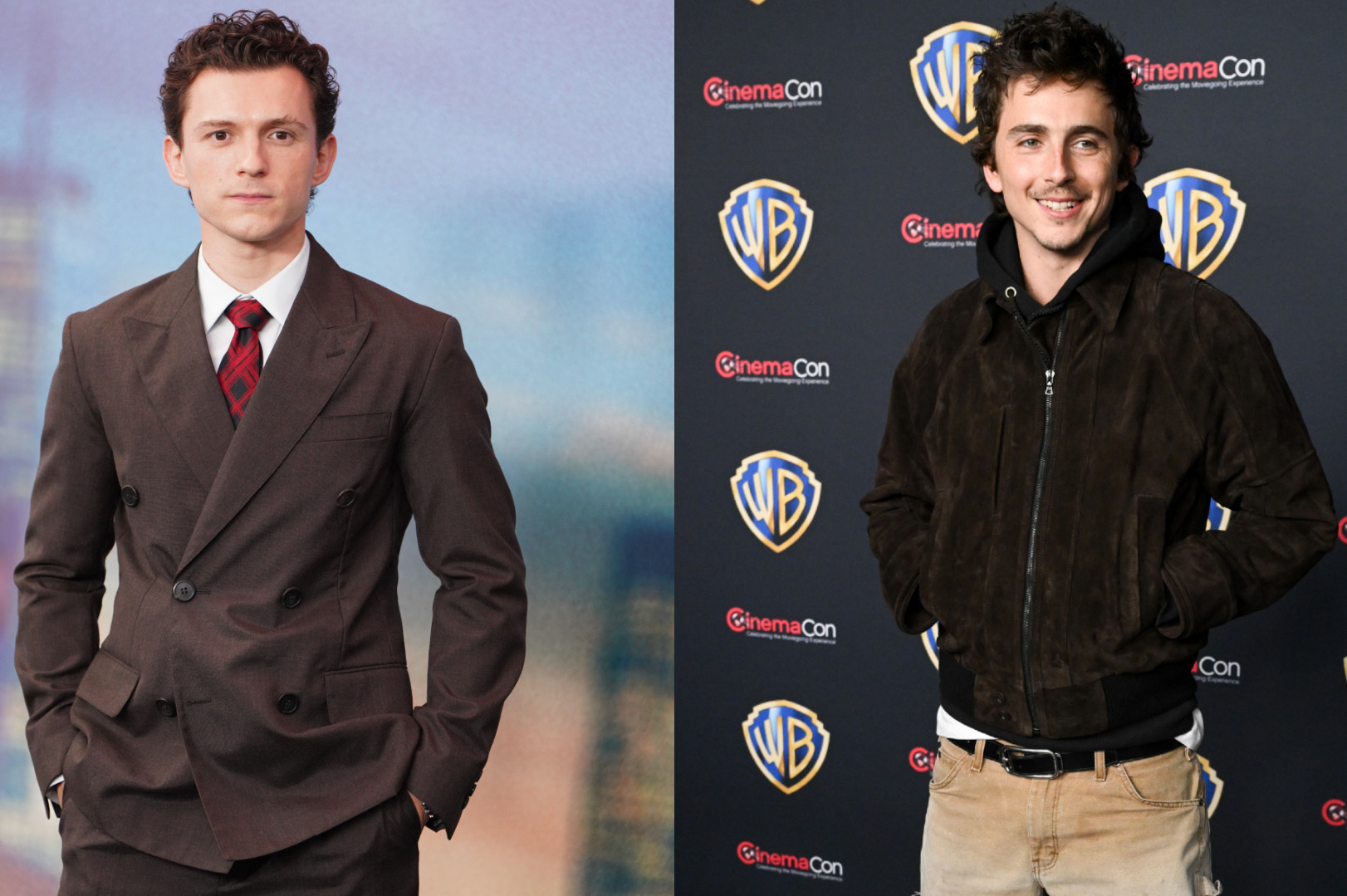 Tom Holland in a suit on the left, and Timothée Chalamet in a casual jacket on the right, both at separate events.
