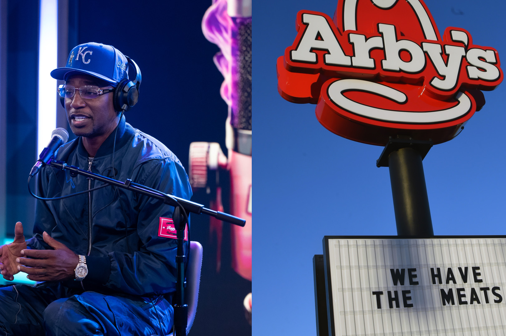 Cam'ron wearing a "KC" cap and headphones speaks into a microphone. Next to them is an Arby's sign with the slogan "We Have the Meats."