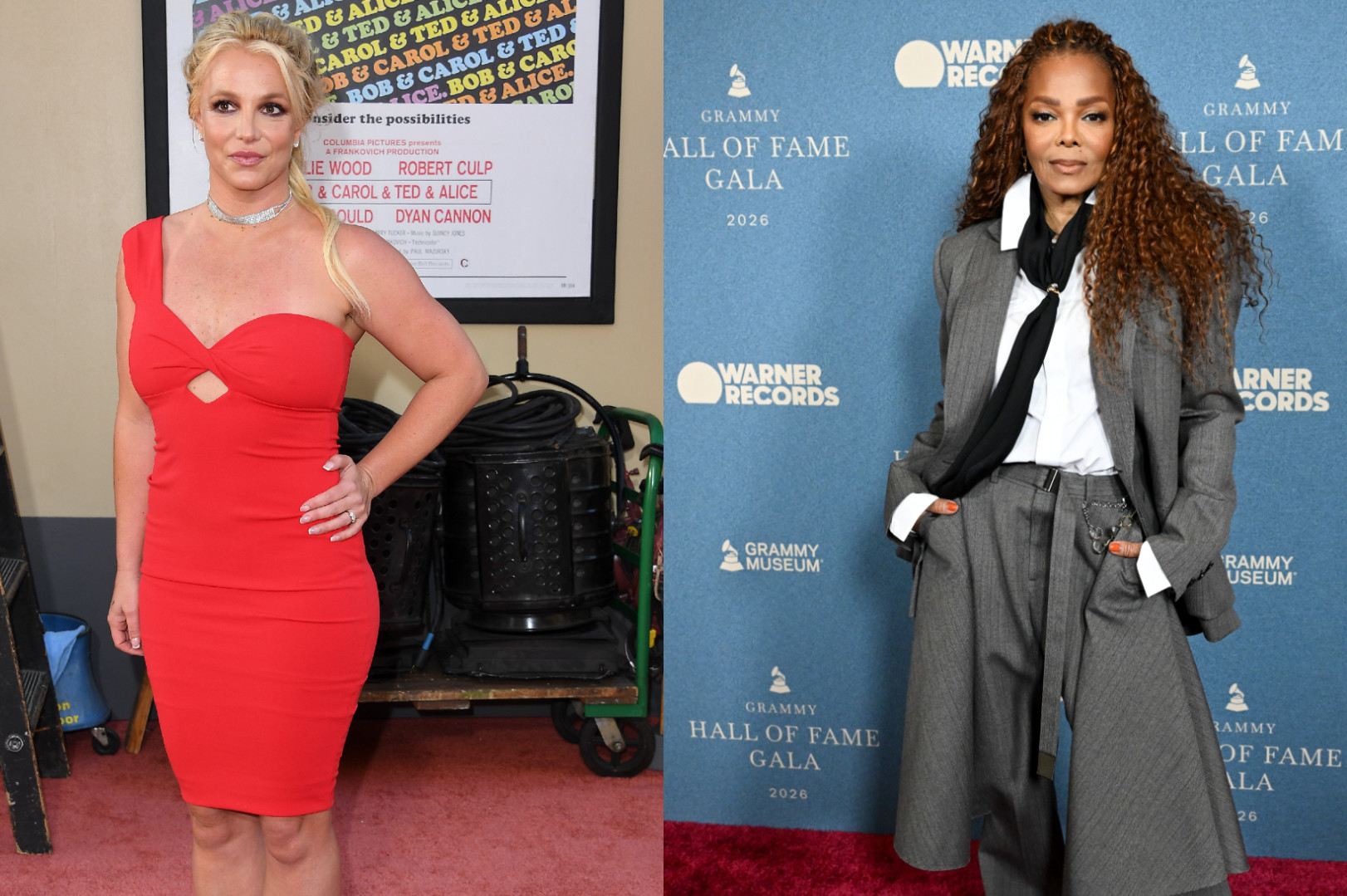 Britney Spears in a red dress on the left; Janet Jackson in a gray suit on the right at an event.