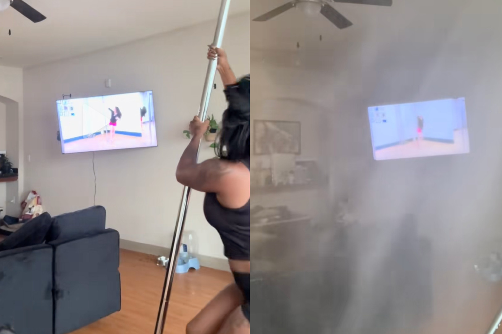A person in a living room practicing on a pole, with a TV on the wall. The room becomes smoky in the second image.