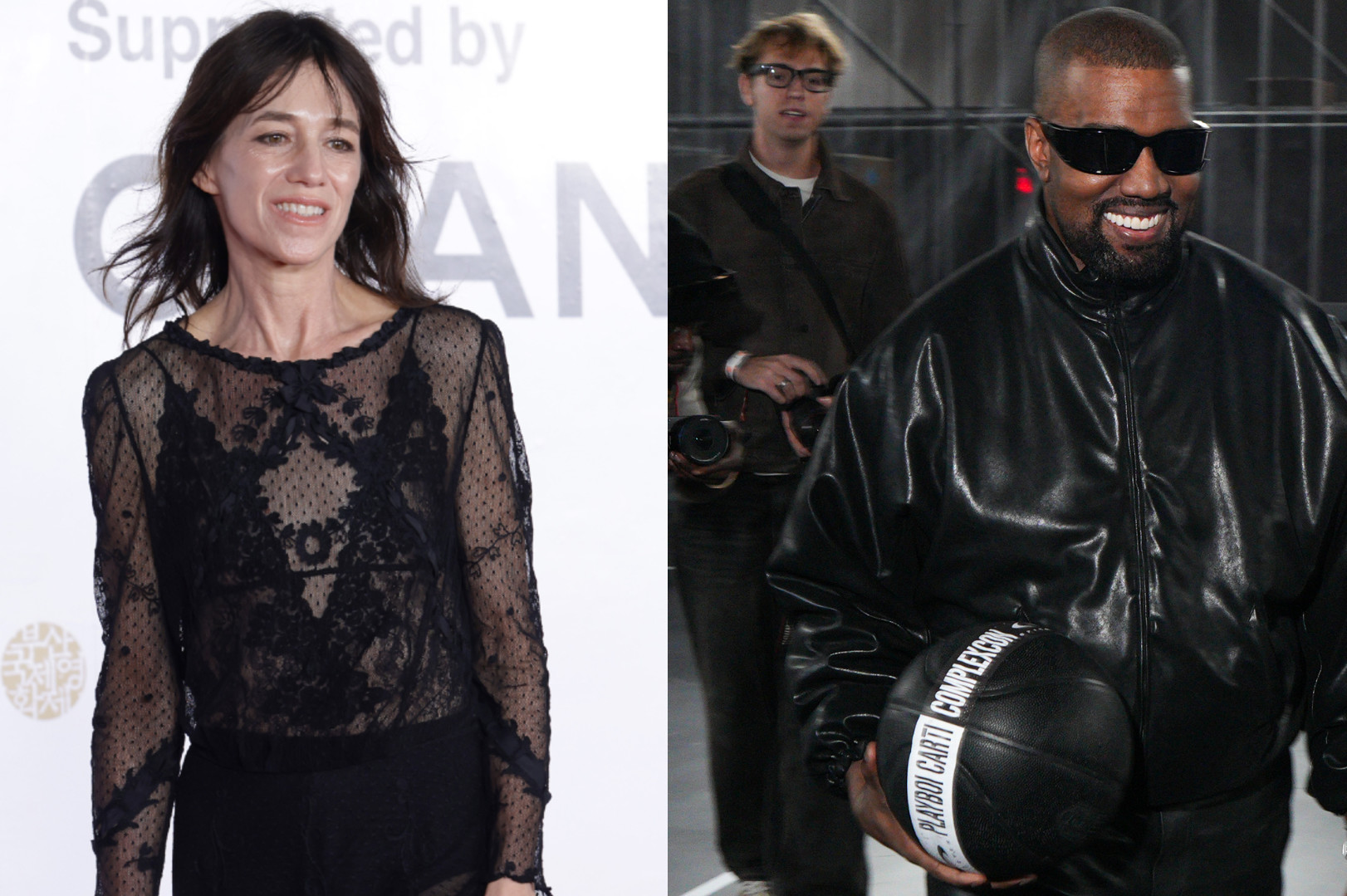 Charlotte Gainsbourg in a lace top and Kanye West in a leather jacket and sunglasses, holding a basketball.