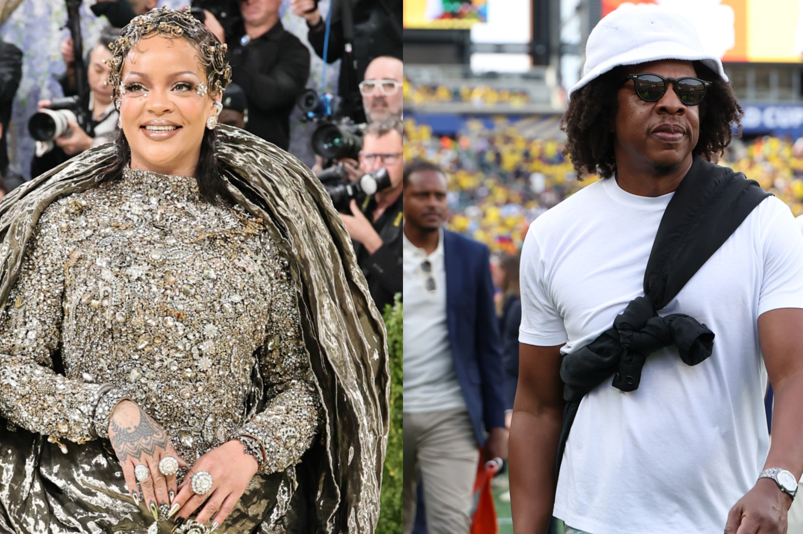 Rihanna in a shimmering gown at an event, and Jay-Z wearing casual attire with a white hat at a sports stadium.