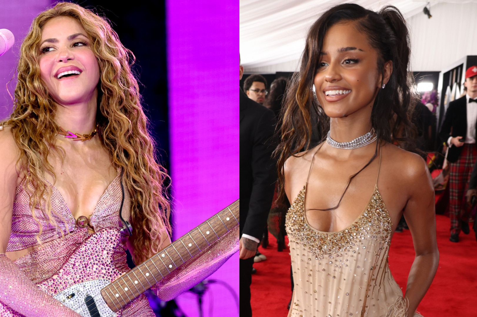 Shakira performing with a guitar on stage, wearing a sparkling outfit. Tyla in a glamorous dress on a red carpet.