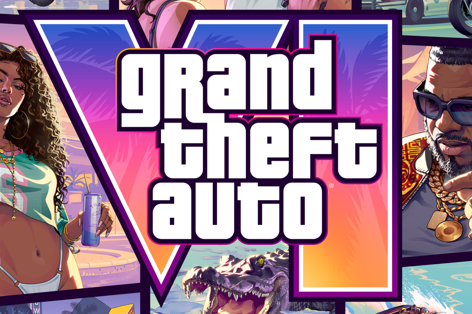 Stylized "Grand Theft Auto VI" cover art featuring illustrated characters and a crocodile, with a vibrant, tropical theme.