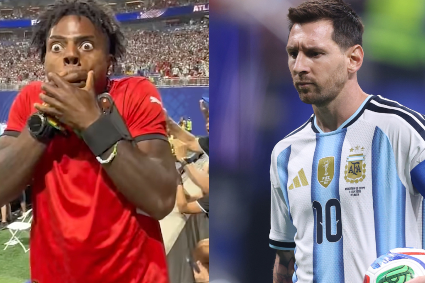 IShowSpeed in a red jersey with a surprised expression next to Lionel Messi in an Argentina jersey holding a soccer ball.