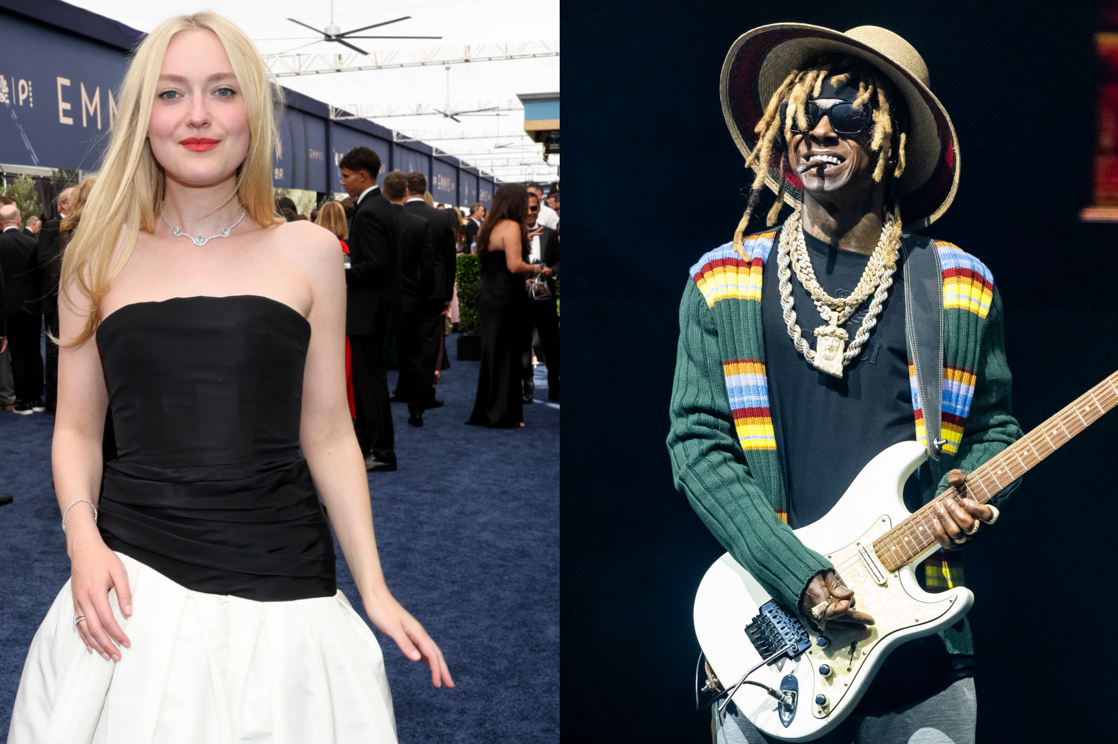 Two images side by side: Dakota Fanning in a black and white gown at an event, and Lil Wayne with dreadlocks playing a guitar on stage.