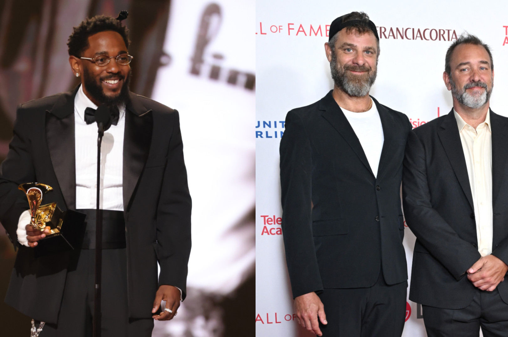 Kendrick Lamar holding a Grammy award, smiling on stage. Matt Stone and Trey Parker at an event, posing together in suits.