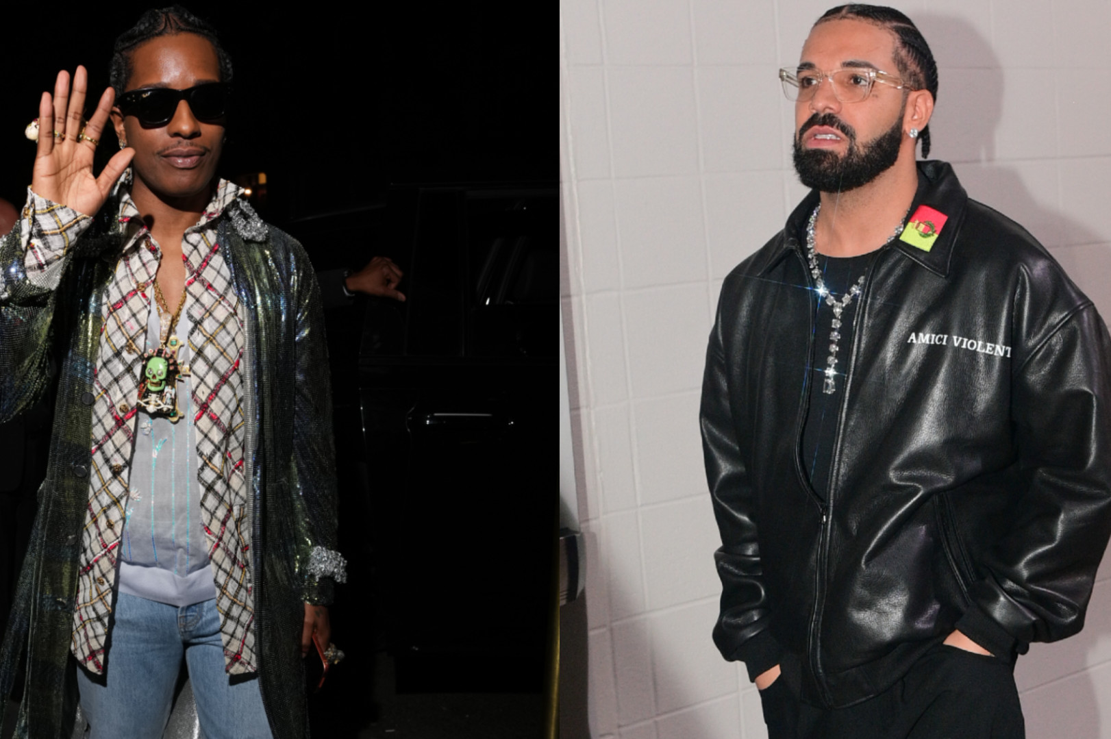 A$AP Rocky and Drake are pictured. A$AP Rocky wears sunglasses and a shiny coat, while Drake wears a black leather jacket.