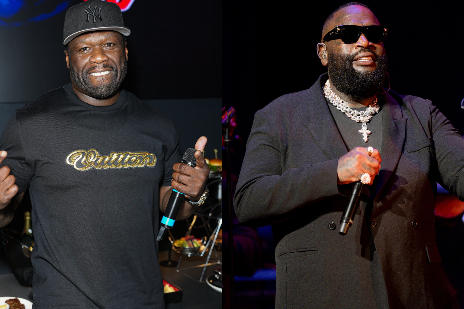 Two men pictured: 50 CEnt wearing a black cap and shirt, smiling; Rick Ross in a suit with sunglasses and jewelry, holding a microphone.