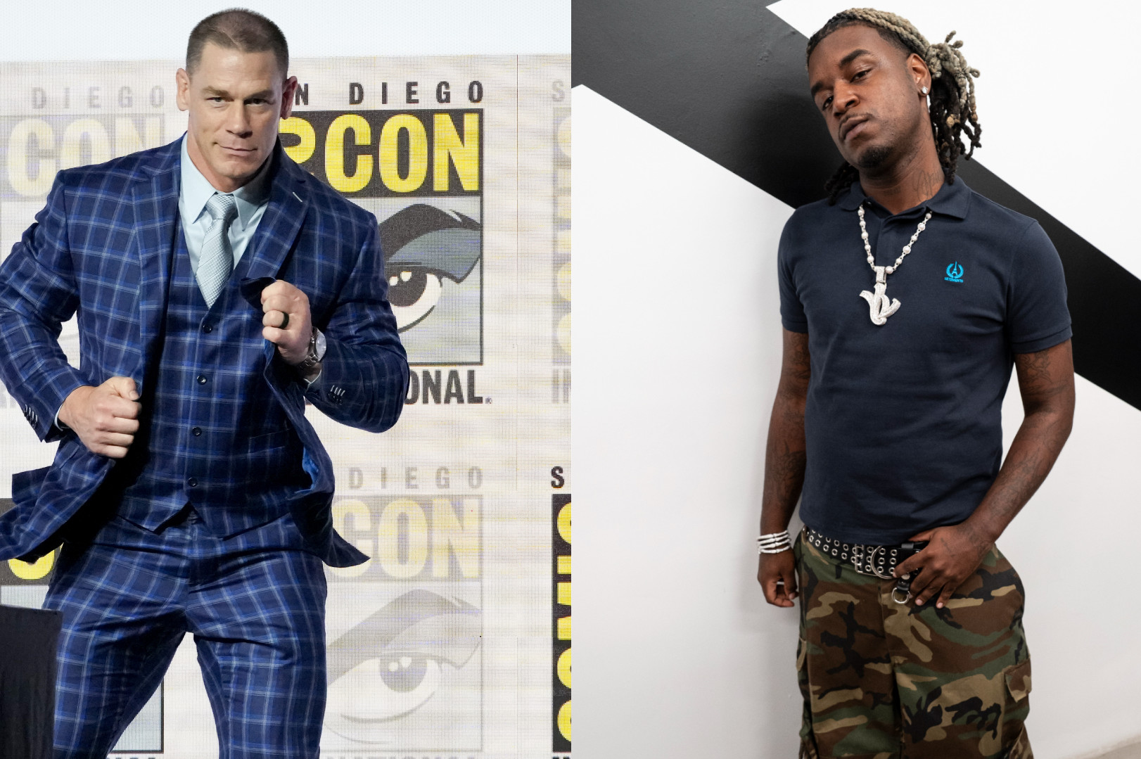 John Cena in a blue suit at Comic-Con; rapper Ken Carson in a black shirt and camo pants against a white background.