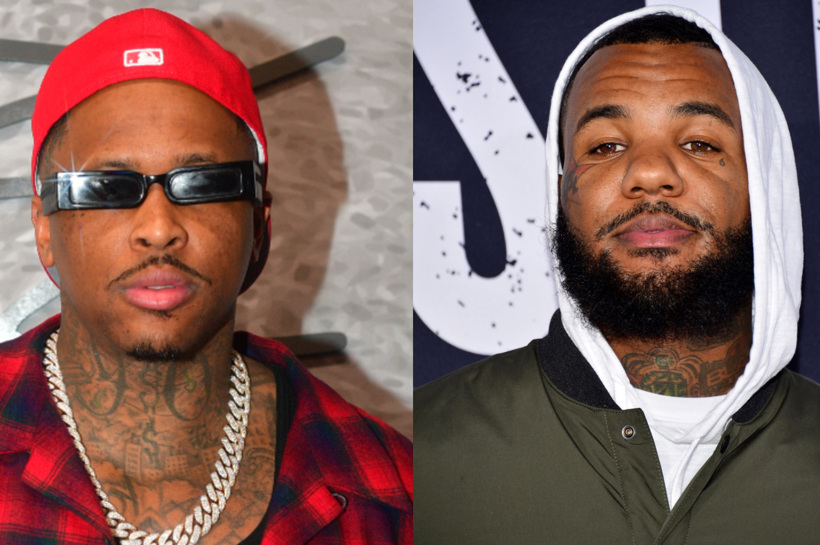 YG in a red cap and plaid shirt with sunglasses, next to The Game in a hoodie and jacket. Both have visible tattoos.