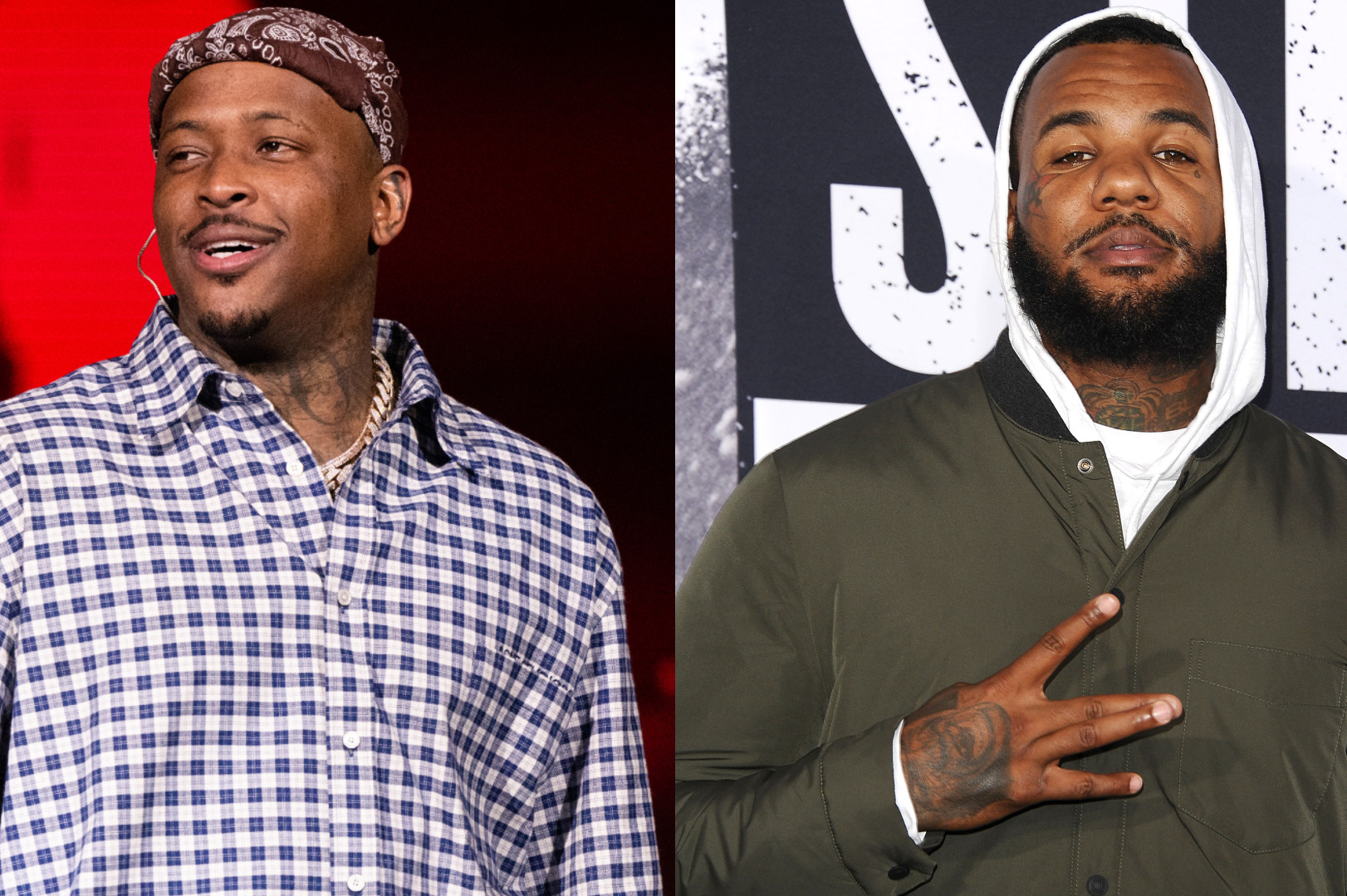 Two images side by side: YG in a plaid shirt and bandana, smiling, and The Game in a hoodie making a peace sign.