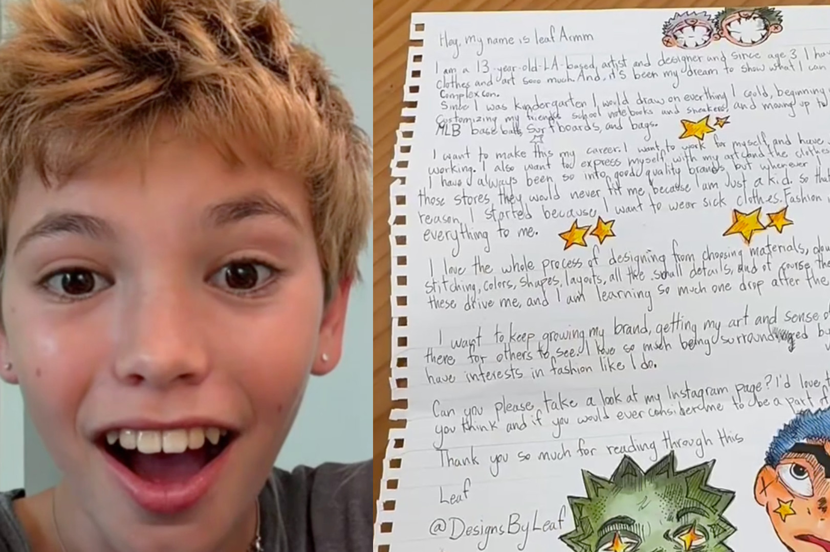 A young person with short hair smiling next to a handwritten letter with colorful illustrations and stars.