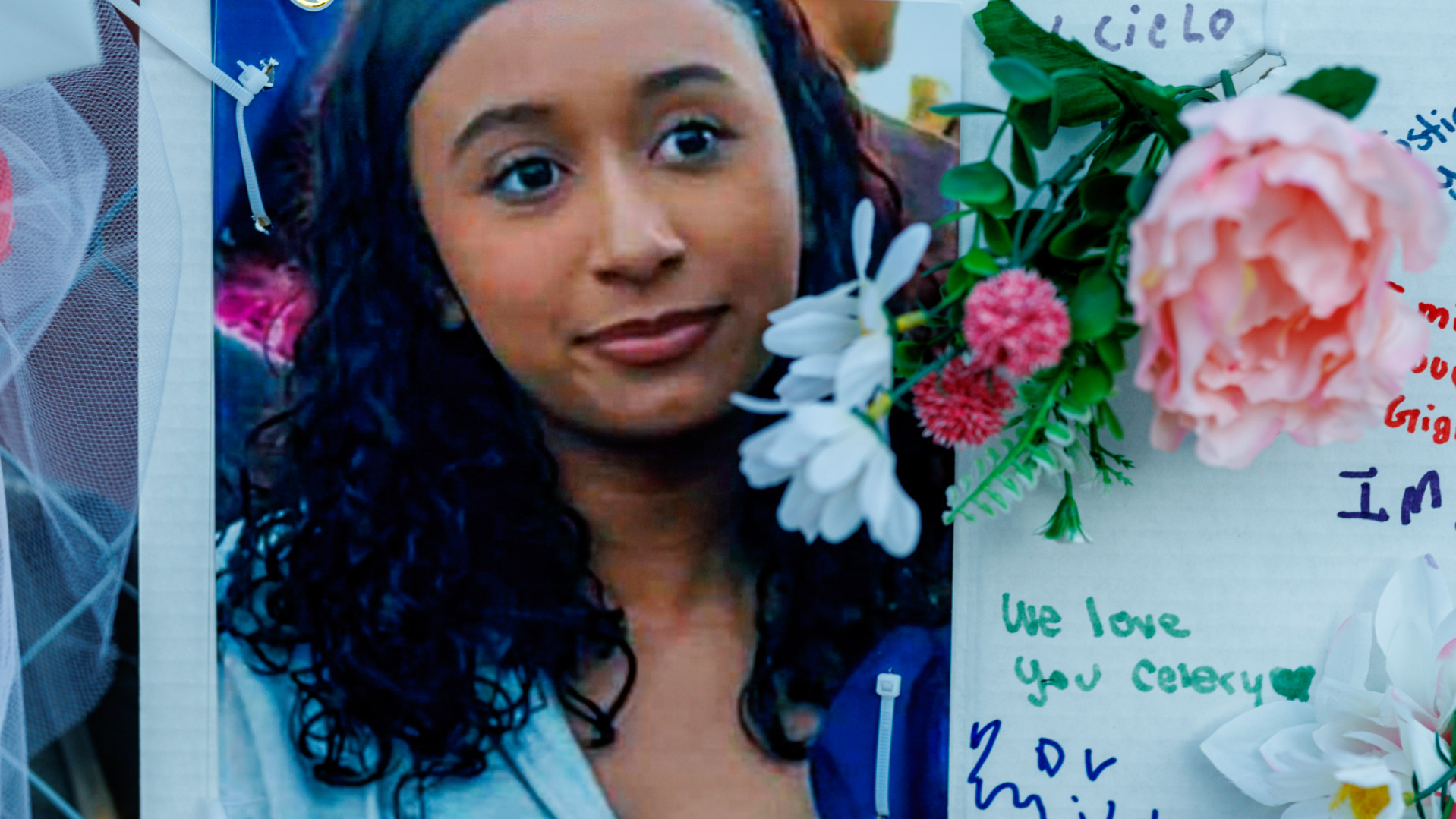 A photo of Celeste Rivas Hernandez with curly hair is surrounded by flowers and handwritten notes.