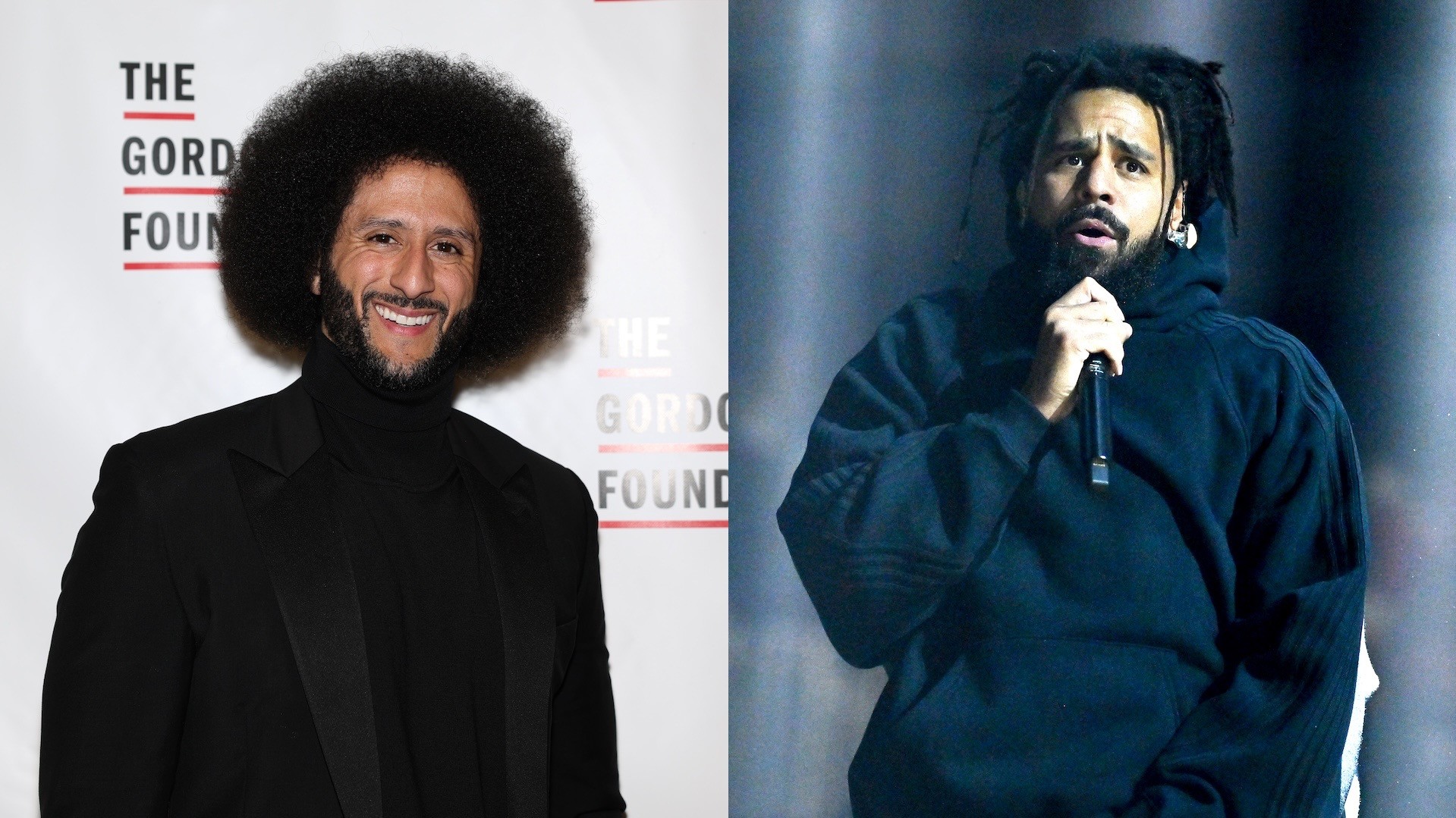 Split image of Colin Kaepernick and J. Cole.